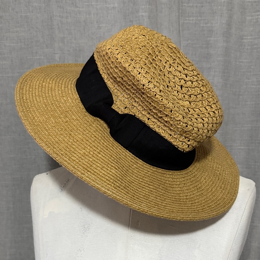 Summer Hat-Tan with Black Ribbon Detail-Paper Material-EUC - Picture 2 of 13
